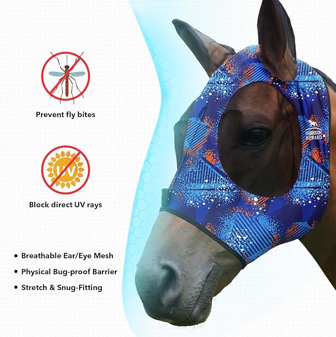 Harrison Howard Super Comfort Stretchy Fly Mask Large Eye Space with UV Protection Soft on Skin with Breathability Chic Blue L
