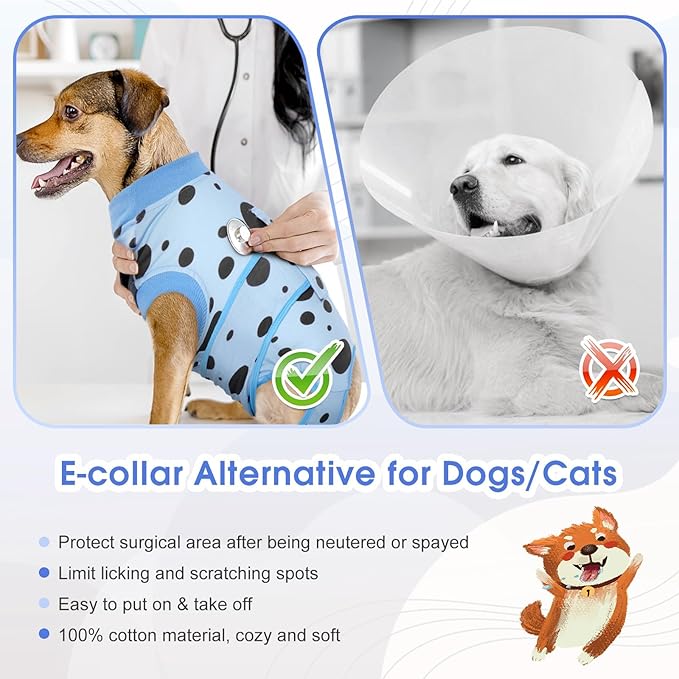 Kuoser Recovery Suit for Dogs, Soft Breathable Dog Recovery Suit Female Male Dog Onesie Alternative to Cone E-Collar, Dog Body Suits After Surgery, Pet Abdominal Anti Licking Shirt, Blue S