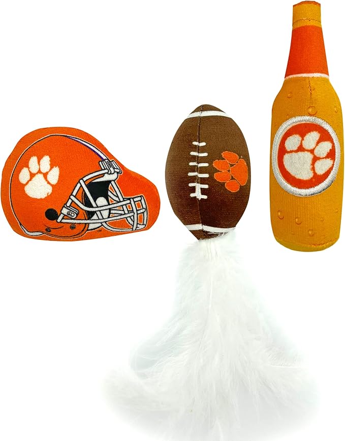 BEST PLUSH CAT TOY - NCAA CLEMSON TIGERS Complete Set of 3 piece Cat Toys filled with Fresh Catnip. Includes: 1 Helmet Cat Toy, 1 Football Cat Toy with Feathers & 1 Beer Bottle. Beautiful Team LOGOS