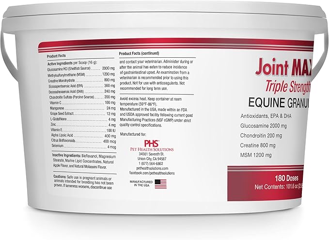 Joint MAX Triple Strength EQ GRANULES for Horses - Support Joint Health - Glucosamine, Chondroitin - Vitamins, Minerals, Omega 3 Fatty Acids, Antioxidants - 180 Doses