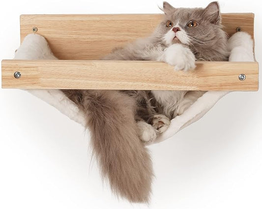 FUKUMARU Cat Hammock Wall Mounted, 18 x 14 in Kitty Beds and Perches, Wooden Cat Wall Furniture, Larger Version Cat Wall Shelves with Extra Cloth, Suitable for 16 inch Drywall Installation