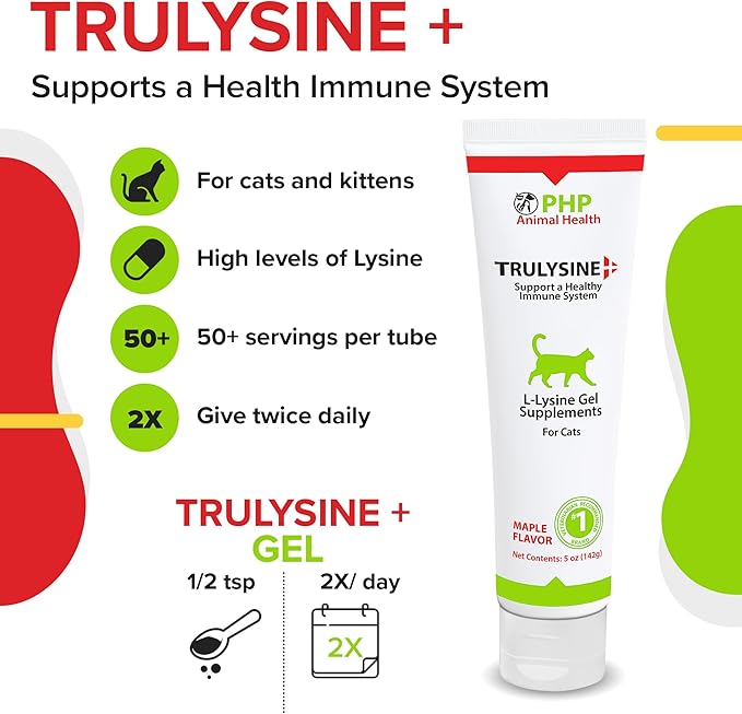 Trulysine Viralysine L-Lysine Gel Supplement for Cats, 5oz - Cats & Kittens of All Ages - Immune Health - Sneezing, Runny Nose, Squinting, Watery Eyes - Maple Flavor (142 Grams (500mg / Serving))