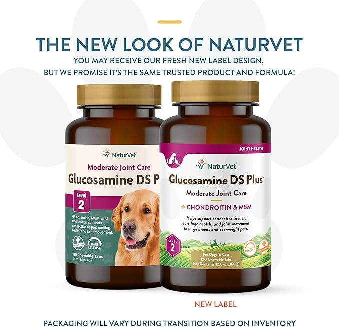 NaturVet Glucosamine DS Plus Level 2 Moderate Care Joint Support Supplement for Dogs and Cats, Chewable Tablets Time Release, Made in The USA, 120 Count