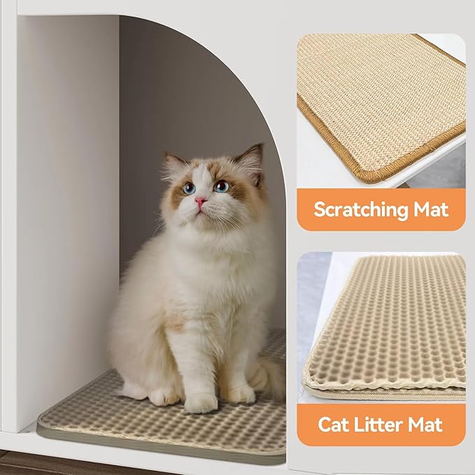 Cat Litter Box Enclosure,Hidden Litter Box Furniture with Scratching Mat&Litter Mat,Wooden Cat House as Side End Table Nightstand,Storage Cabinet,Large Modern Litter Box Cabinet,White&Brown