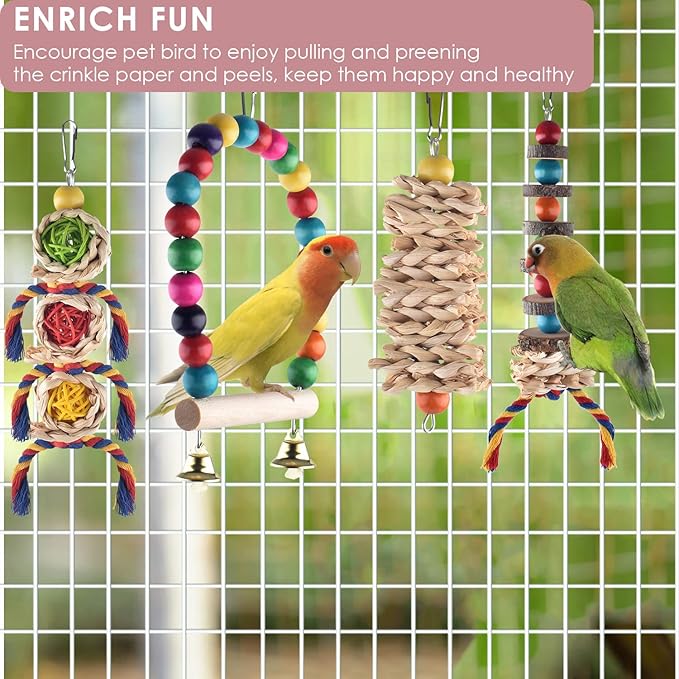 KATUMO Bird Toy Set, 6pcs Chew Toys & Perch for Small Birds, Conure, Cockatiel, Lovebird, Parakeet, Finch, Canary, Myna - Mental & Physical Workout, Relieves Boredom