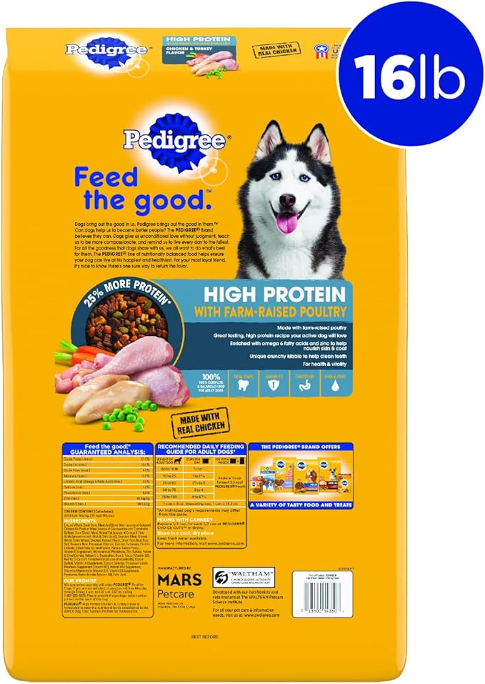 Pedigree High Protein Adult Dry Dog Food Chicken and Turkey Flavor Dog Kibble, 16 lb. Bag