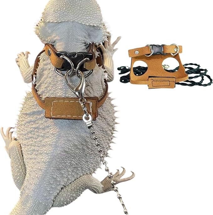 Bearded Dragon Harness and Leash Adjustable(M,L,XL) - Soft Leather Reptile Lizard Leash Accessories for Bearded Dragon, Lizard and Other Small Pets (L)