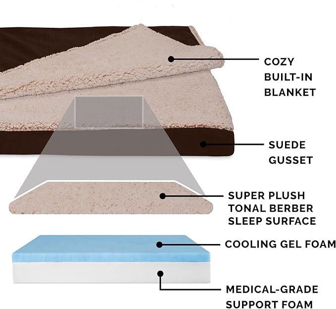 Furhaven Cooling Gel Dog Bed for Large Dogs w/ Removable Washable Cover, For Dogs Up to 95 lbs - Berber & Suede Blanket Top Mattress - Espresso, Jumbo/XL