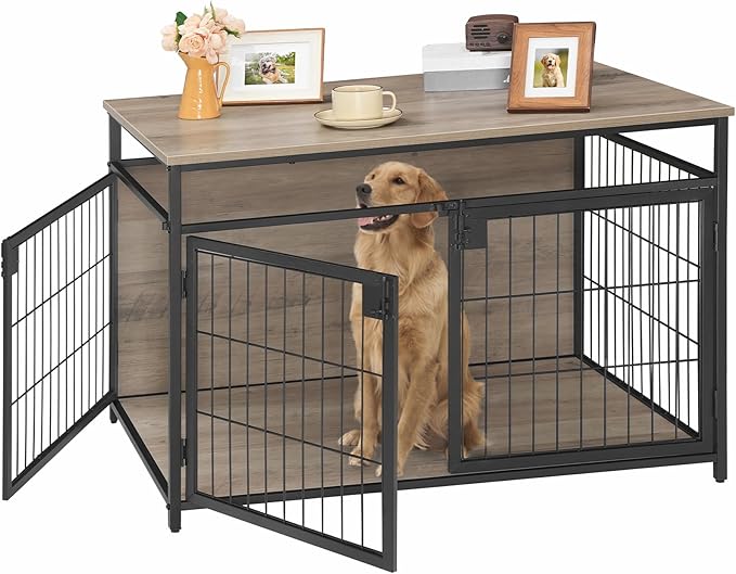 HOOBRO Dog Crate Furniture, 3 Doors Wooden Dog Crate Table, Indoor Dog Kennel Furniture for Medium/Large Dog, Side End Table, Chew-Resistant Dog House, Rustic Brown and Black BG93GW03