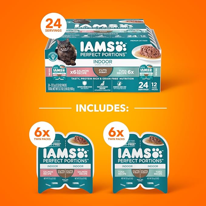 IAMS Perfect Portions Indoor Wet Cat Food with Salmon and Tuna Recipe Variety Pack, Easy Peel Twin-Pack Trays, Pack of 12 (24 Total Servings)