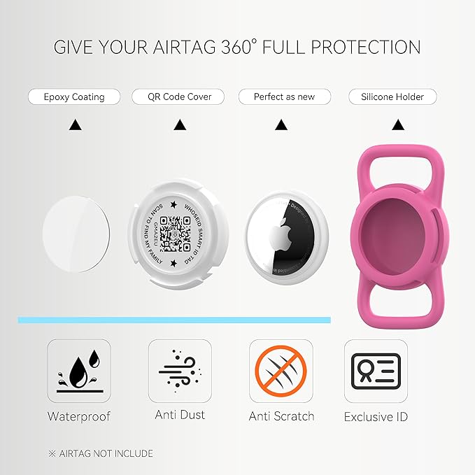 QR Code Airtag Holder, Scan QR Code Send Location Alert Email, Waterproof Full Body Protection Anti-Lost Air Tag Case, Airtag Accessories for Dog, Cats, Collar, Backpack (Rose, Regular)