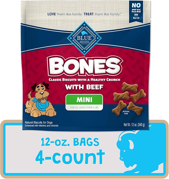 Blue Buffalo Bones Natural Crunchy Dog Treats, Mini Dog Biscuits, Beef (12-oz bag, 4 count)