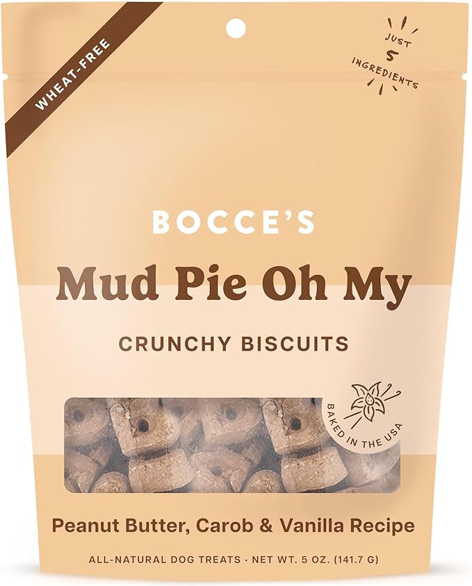 Bocce's Bakery Oven Baked Mud Pie Oh My Treats for Dogs, Everyday Wheat-Free Dog Treats, Made with Real Ingredients, All-Natural PB, Carob & Vanilla Biscuits, 5 oz