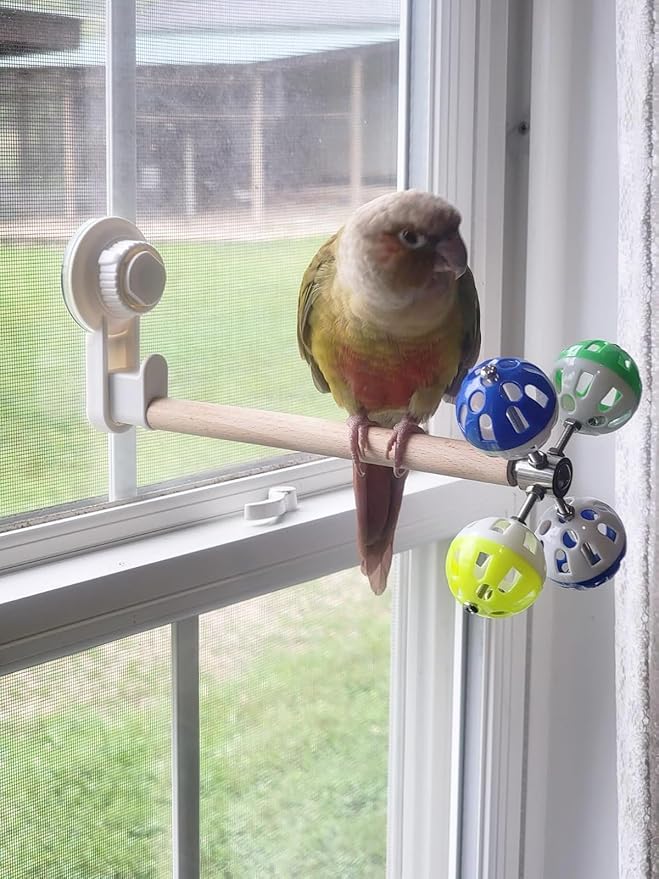 Window Suction Bird Perch Toy for Parakeet, Movable Bird Perch Stand with Rotating Balls Bells for Window Mirror Glass Mount, Spinning Perch Toy for Budgies Cockatiel Conure