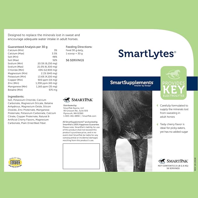 SmartPak SmartLytes Horse Electrolyte Powder Supplement | Encourages Hydration, Replenishes Electrolytes, No Added Sugar, Cherry Flavor, 56 Servings, 3.5 lb Bucket