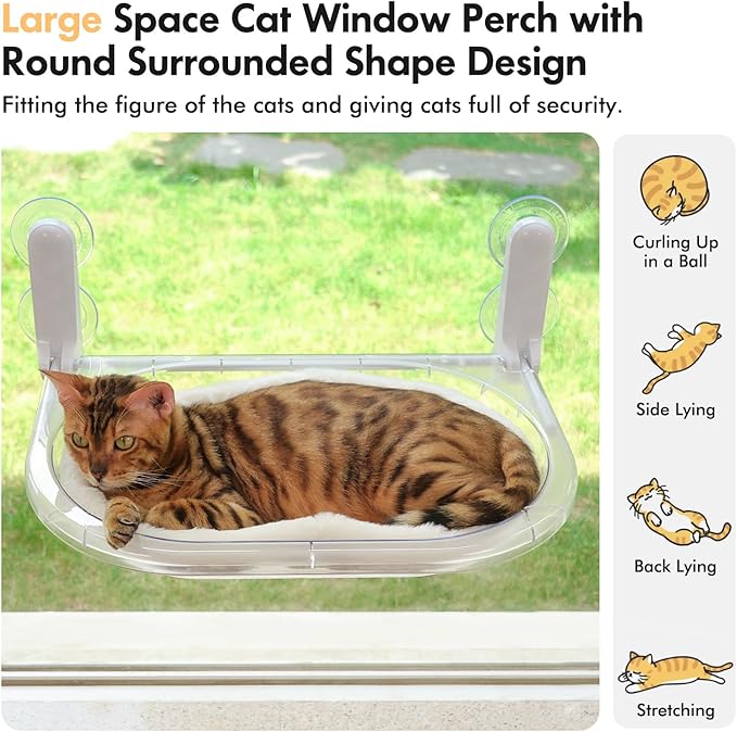 Transparent Cat Window Perch, Durable Window Mounted Space Capsule Hammock Seat for Large Cats, Easy to Clean ABS Material Cat Bed Body with Plush Mat (Space Capsule Cat Bed)