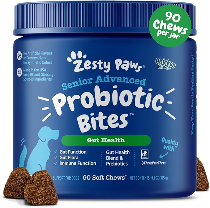 Zesty Paws Probiotics for Dogs - Digestive Enzymes for Gut Flora, Digestive Health, Diarrhea & Bowel Support - Clinically Studied DE111 - Dog Supplement Soft Chew for Pet Immune System - Adv, 90ct