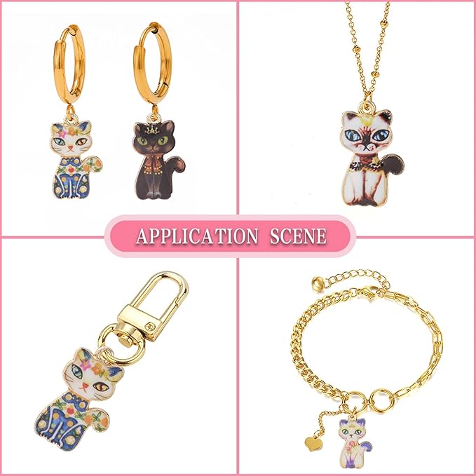 KitBeads 40pcs 8 Styles Cat Charms Flower Printed Animal Pet Charms Vintage Cute Colorful Kitten Charms for Jewelry Making Bulk