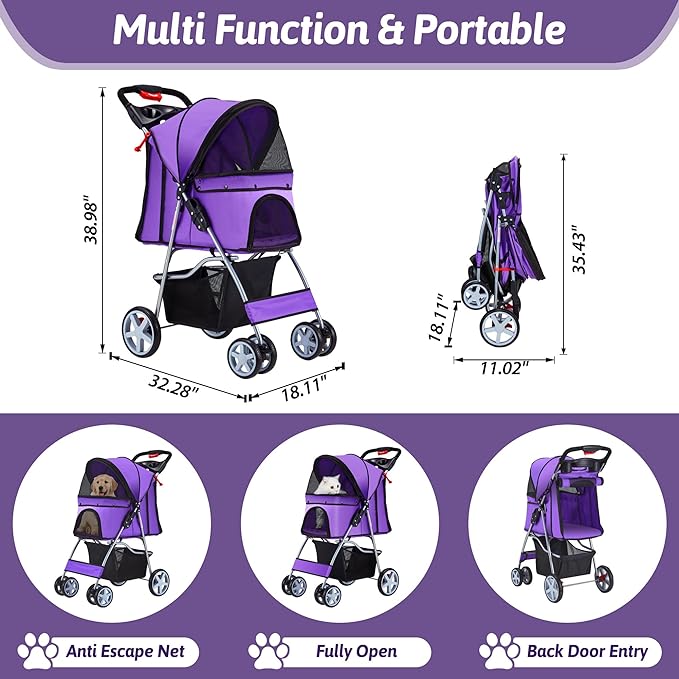 Pet Stroller 4 Wheels Dog Cat Stroller for Medium Small Dogs Cats, Folding Cat Jogger Stroller with Storage Basket & Breathable Mesh, Easy to Walk Travel Carrier, Purple