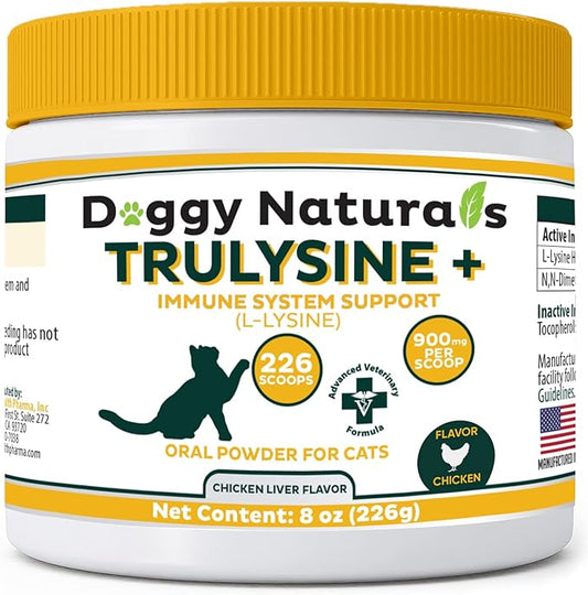 Trulysine Plus L-Lysine for Cats Immune Support Oral Powder 8oz/226g - Cats & Kittens of All Age, Sneezing, Runny Nose Squinting, Watery Eyes Chicken Liver Flavor (U.S.A)(226 Grams (900mg / Scoop))