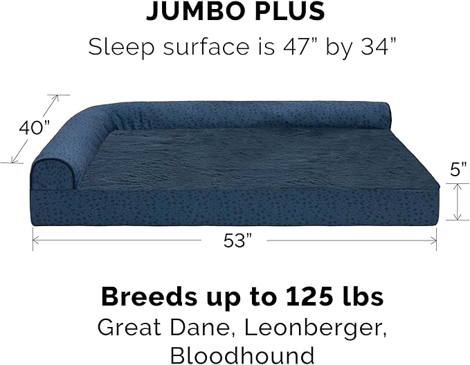 Furhaven Orthopedic Dog Bed for Large Dogs w/ Removable Bolsters & Washable Cover, For Dogs Up to 125 lbs - Plush & Almond Print L Shaped Chaise - Blue Almonds, Jumbo Plus/XXL