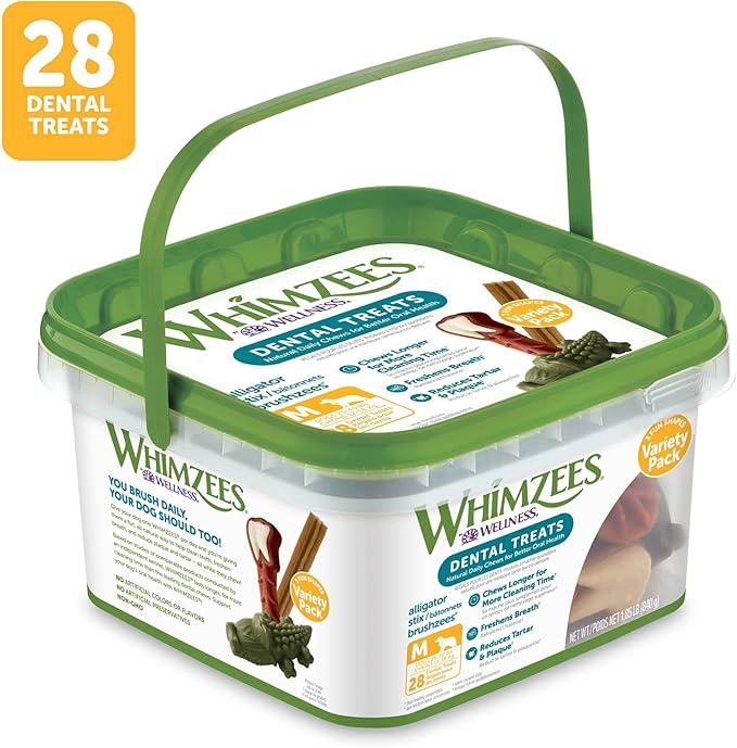 WHIMZEES by Wellness Variety Box: All Natural Dental Chews for Dogs (Medium), 28 Count - Dog Treats, Freshens Breath, Gluten & Grain-Free (Packaging May Vary)