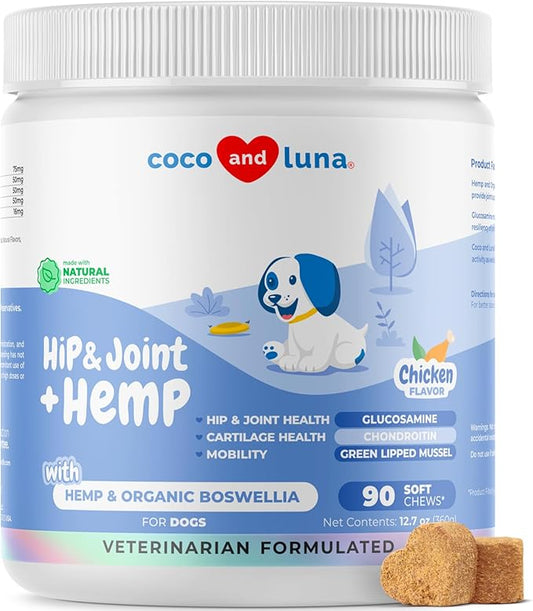 Hemp Hip and Joint Supplement for Dogs - 90 Soft Chews - with Green Lipped Mussel, Glucosamine, Turmeric, Fish Oil, MSM and Yucca Schidigera