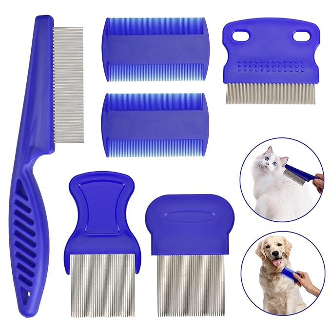 Flea Comb for Cats and Dogs, 6 Pack Pet Lice Comb Set Eye Comb Flea Combs Pet Grooming Pets for Small, Medium & Large Pets (Blue)