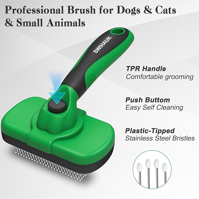 Self Cleaning Slicker Brush for Dogs & Cats, Skin Friendly Grooming Cat Brush, Dog Brush for Shedding, Deshedding Brush, Hair Brush Puppy Brush for Haired Dogs, Pet Supplies Accessories, Green