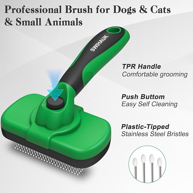 Self Cleaning Slicker Brush for Dogs & Cats, Skin Friendly Grooming Cat Brush, Dog Brush for Shedding, Deshedding Brush, Hair Brush Puppy Brush for Haired Dogs, Pet Supplies Accessories, Green