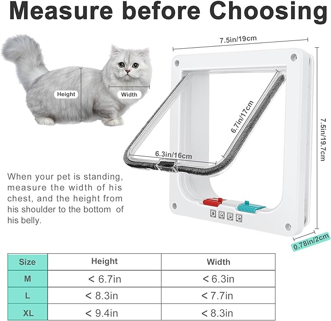 Thin Cat Door for Windows, Pet Doors and Sliding Door, Safety Pet Door with 4 Way Lock, Weatherproof Cat Flap for Thin Door and Wall(Medium, 6.7in x 6.3in Flap)