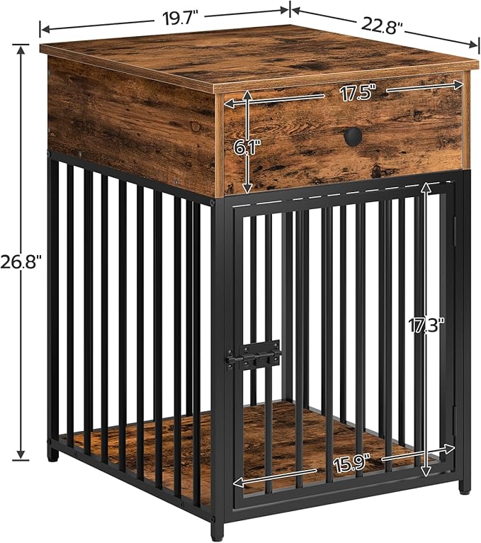 HOOBRO Dog Crate Furniture, Wooden Dog House, Decorative Dog Kennel with Drawer, Indoor Pet Crate End Table for Small Dog, Steel-Tube Dog Cage, Chew-Proof, Rustic Brown and Black BF01GW03