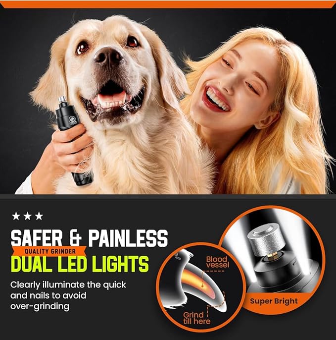 Dog Nail Grinder, Quiet Pet Nail Grinder for Medium to Large Dogs and Cats, Self-Contained Pet Nail Care Product with 2 LED Lights