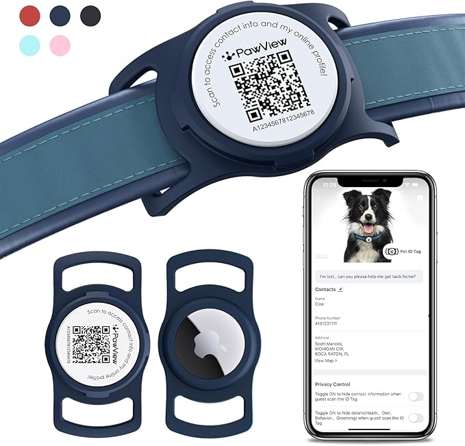 AirTag Dog Collar Holder, Smart QR Code AirTag Holder for Cats and Dogs - Scan Alert | Instant Location | Pet Online Profile | Contacts Info | Pet APP Remote Control (1 Pack, Navy Blue)