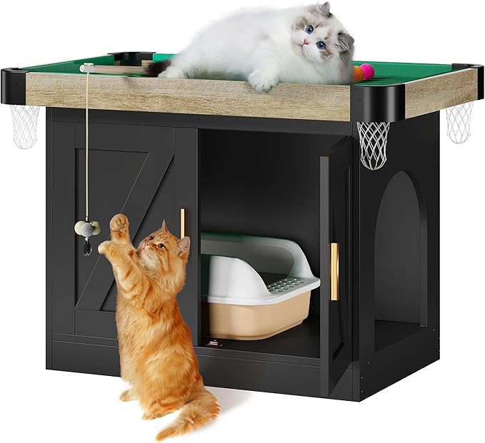 DWVO 2-in-1 Litter Box Enclosure Hidden with Cat Pool Table, Cat Litter Box Enclosure Furniture for Indoor, Wooden Cat Cabinet with Mini Pool Table Tower, 1 Feather Teaser Sticks & 6 Felt Balls, Black