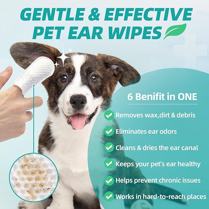 Dog Ear Cleaner Finger Wipes - Cat Ear Cleaner Wipes Grooming Pet Supplies Reduce Dirt Wax, Debris Soothes & Deodorizes, Fresh Coconut Scent 50 Counts