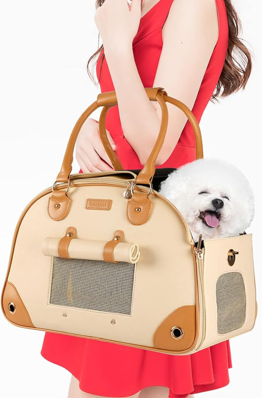 Dog Carrier, Pet Carrier, Dog Purse, Foldable Premium PU Leather Cat Carrier, Portable Tote Bag Carrier for Cats and Small Dogs - Beign