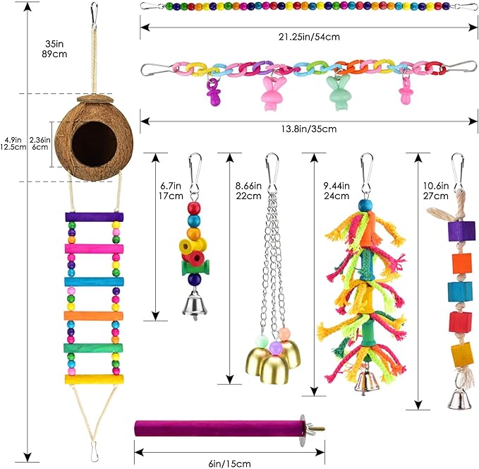 KATUMO Bird Toys, Parrot Swing Parakeet Ladder Conure Wood Perch Bird Chew Toys Cockatiel Hanging Bell Toys for Parakeet, Conure, Cockatiel, Mynah, Love Birds, Finch, Small Pet Birds