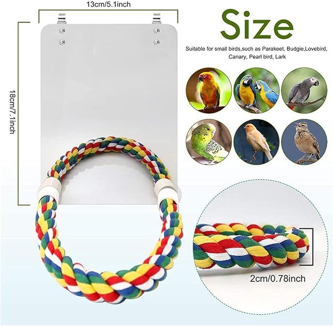 Bird Mirror with Rope Perch Bird Toys Swing, Bird Mirror for Cage,Bird Buddy Accessories,Comfy Perch,Bird Toys for Greys Amazons Parakeet Cockatiel Conure Lovebirds Finch Canaries