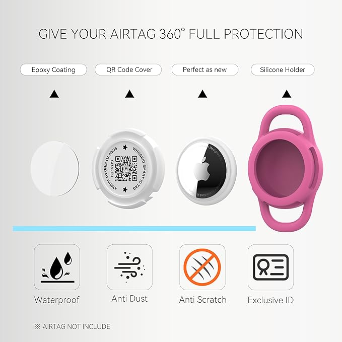 QR Code Airtag Holder, Scan QR Code Send Location Alert Email, Waterproof Full Body Protection Anti-Lost Air Tag Case, Airtag Accessories for Dog, Cats, Collar, Backpack (Rose, Small)