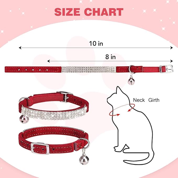 BINGPET Diamond Cat Collar,Adjustable Soft Velvet Leather Safe Kitten Collar with Shiny Rhinestones and Bells,Girl Boy Bling Stylish Cat Collars with Safety Elastic for Small Medium Cats,Red