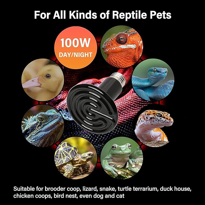 HealSmart Reptile Heat Lamp 100W 2-Pack Ceramic Heat Emitter, No Light Emitting Heat Bulbs for Amphibian Pet Brooder Coop Incubating Chicken, Lizard Bearded Dragon Turtle Snake Terrarium Black