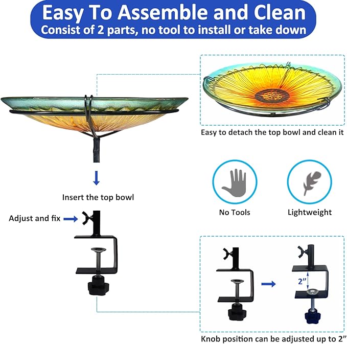 Deck Mounted Bird Bath, Deck Birdbath for Railings, Glass Sunflower Bird Baths Bowl Bird Feeders with Heavy Duty Adjustable Base, Railing Bird Bath for Deck, Balcony, Fence-Sunflower Yellow