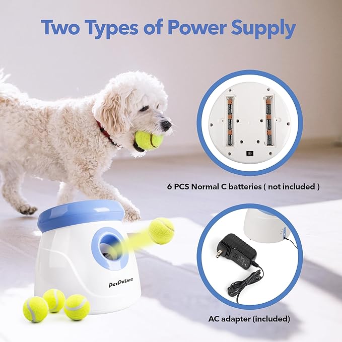 PetPrime Dog Automatic Ball Launcher Dog Interactive Toy Dog Fetch Toy Pet 2'' Thrower Throwing Game 3 Tennis Balls Tennis Mini Size Ball Launcher for Dogs Included Launch Distance 10-30ft