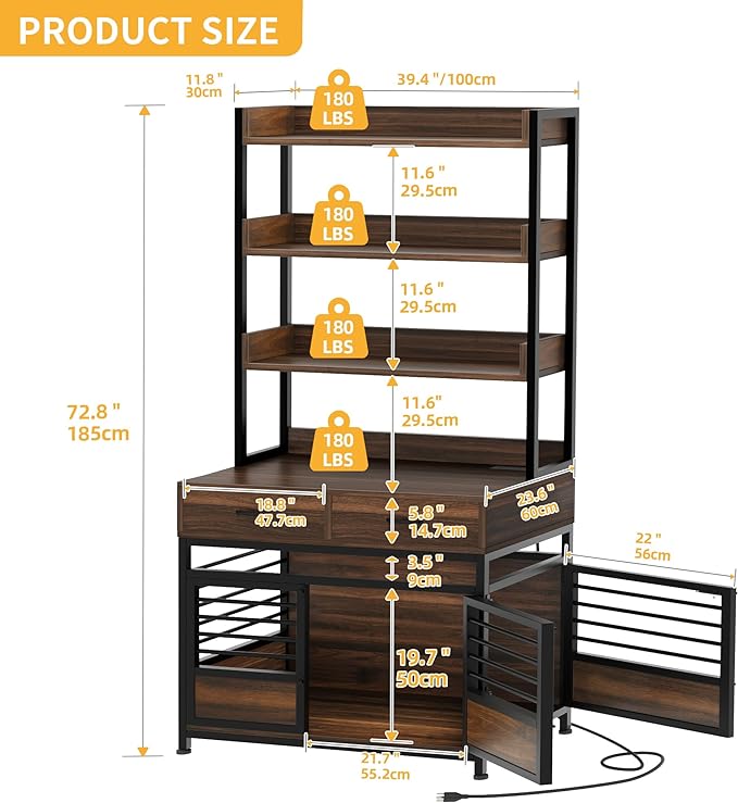 DWVO Dog Crate Furniture with Storage Shelves, Heavy Duty Dog Crate with Drawers & Charging Station, 39 Inch Dog Kennel Indoor Furniture for Large Dogs, Modern Dog Crate with Double Doors, Brown