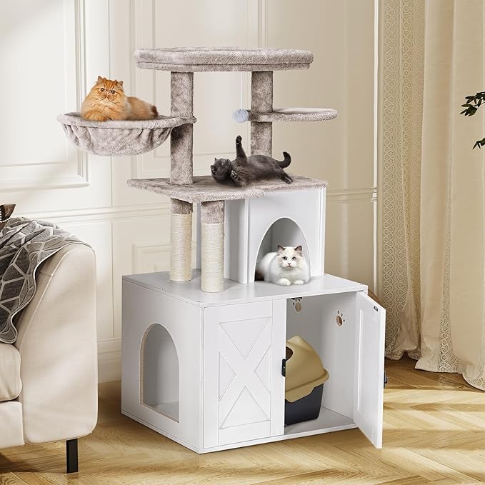 Snughome Cat Litter Box Enclosure with Cat Tree Tower and Condo, Hidden Cat Washroom Furniture with Sisal Scratching Post and Soft Plush Perch, Wooden Cat Furniture with Multiple Platforms, White