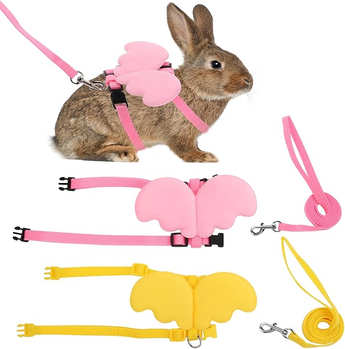 2Pcs Rabbit Harness and Leash, Adjustable Bunny Harness, Kitten Vest Harness and Leash Set, Cute Wings Pet Harness Leash Set for Bunny Puppy Kitten Ferret and Other Small Animals (Yellow+Pink)