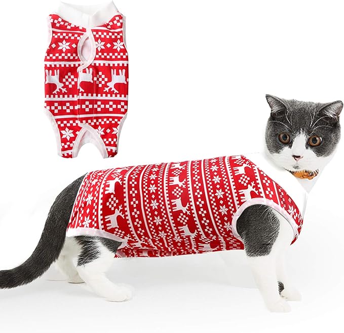 Cat Professional Recovery Suit for Abdominal Wounds or Skin Diseases, E-Collar Alternative for Cats and Dogs, After Surgery Wear, Pajama Suit (S, Christmas Red)