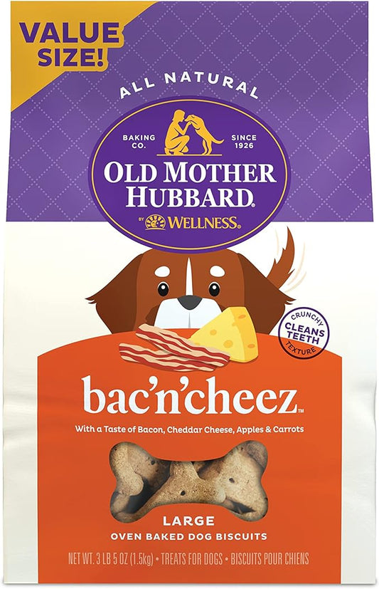 Old Mother Hubbard by Wellness Classic Bac'N'Cheez Natural Dog Treats, Crunchy Oven-Baked Biscuits, Ideal for Training, Large Size, 3 Pound (Pack of 1)