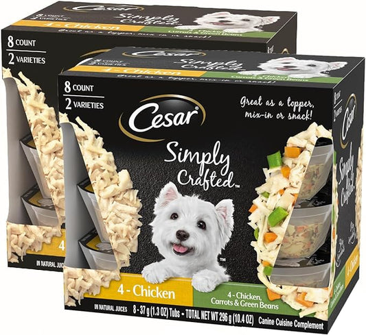 CESAR SIMPLY CRAFTED Adult Wet Dog Food Meal Topper Variety Pack, Chicken and Chicken, Carrots & Green Beans, 1.3 oz. Tubs, 8 Count (Pack of 2)